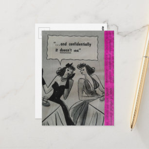 Reclame uit het verleden op roze collage met vrouw briefkaart
