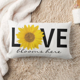 Rectangle Amour Blooms Ici Sunflower Blanc Lumbar Coussin