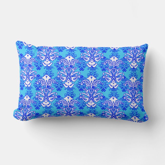 Rectangle Aqua Deep Blue and White Damask Effect Coussin (Recto)
