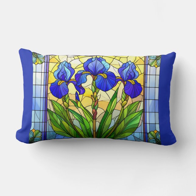Rectangle Bleu artistique Iris Floral Lumbar Coussin (Recto)