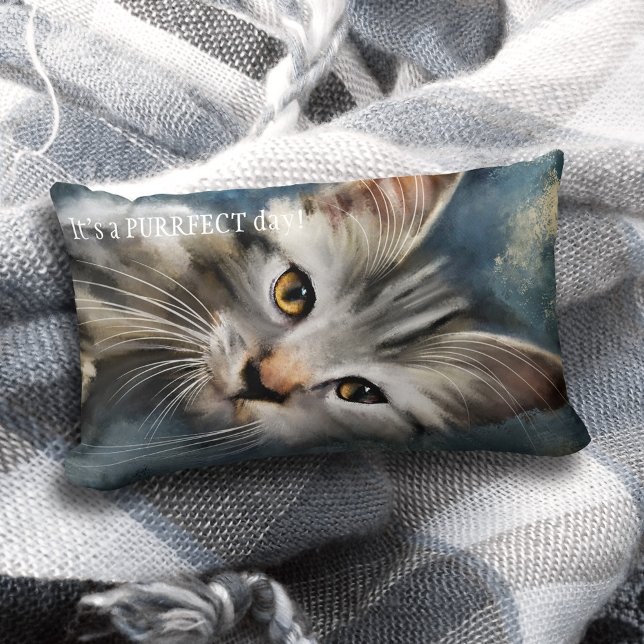 Rectangle Bleu gris foncé Tabby Coussin de chat (A lovely pillow featuring an original painting of a tabby cat and your custom text)