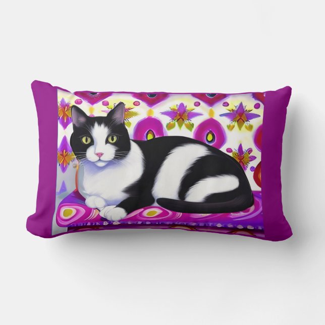 Rectangle Chat Tuxedo noir et blanc sur un coussin (Recto)