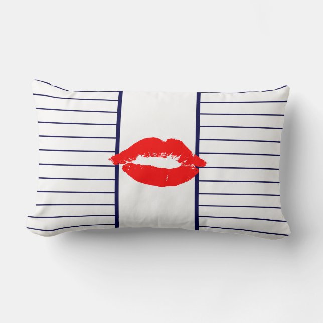 Rectangle Coussin Baisers de Lèvres Rouges et Rayures Bleues (Recto)