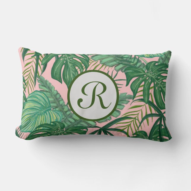 Rectangle coussin de feuilles vertes et roses (Recto)
