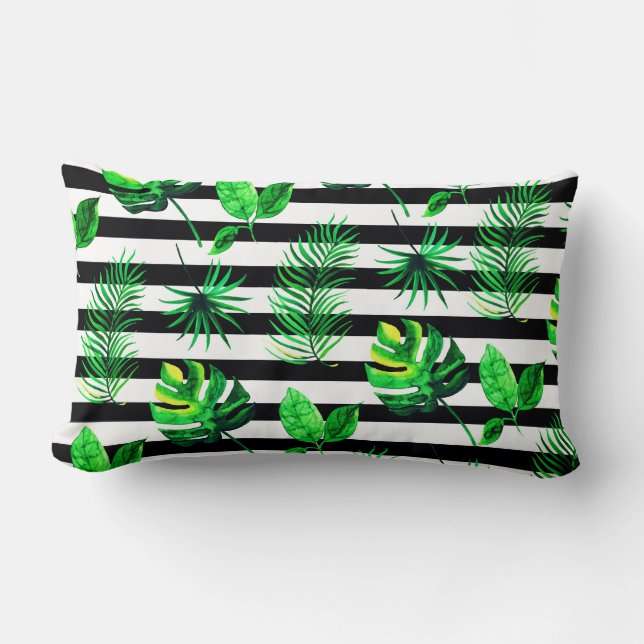 Rectangle Coussin de jet - Feuilles tropicales avec rayures (Recto)