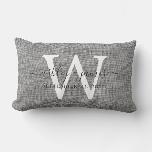 Rectangle Coussin de mariage en lin gris avec monogramme bla (Recto)