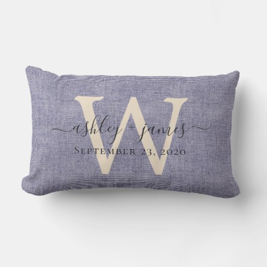 Rectangle Coussin de mariage en lin ivoire bleu avec monogra (Recto)