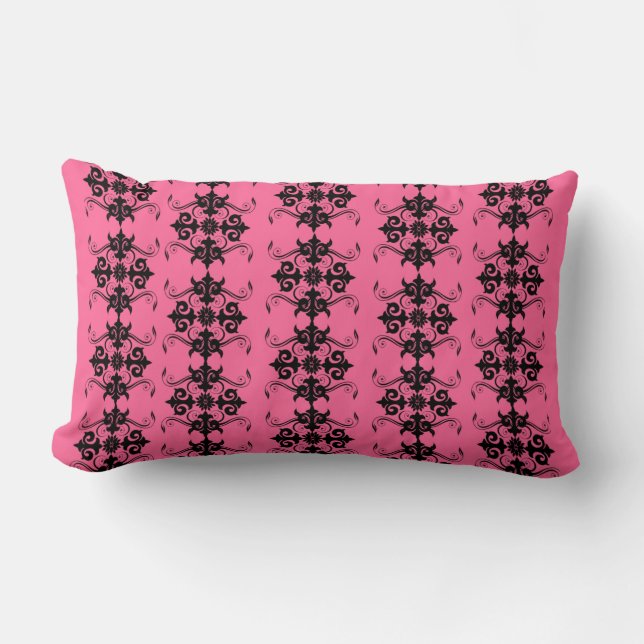 Rectangle Coussin de motif de Damas rose et noir (Recto)