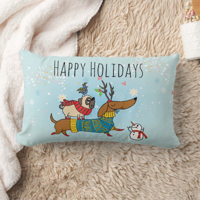 Rectangle Coussin de Noël avec teckel, carlin et oiseau (Couverture)
