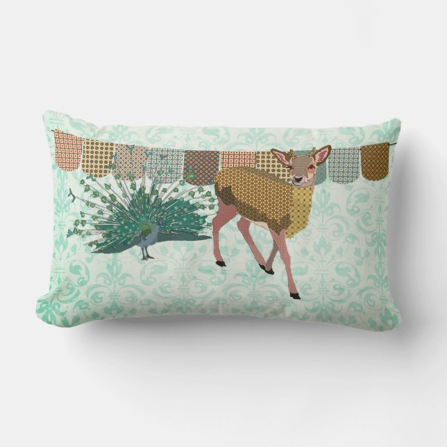 Rectangle Coussin d'or de Mojo de cerfs communs et de paon (Recto)