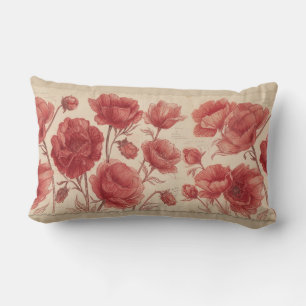 Rectangle Coussin Lombaire Botanique Coquelicot Rouge Antiqu