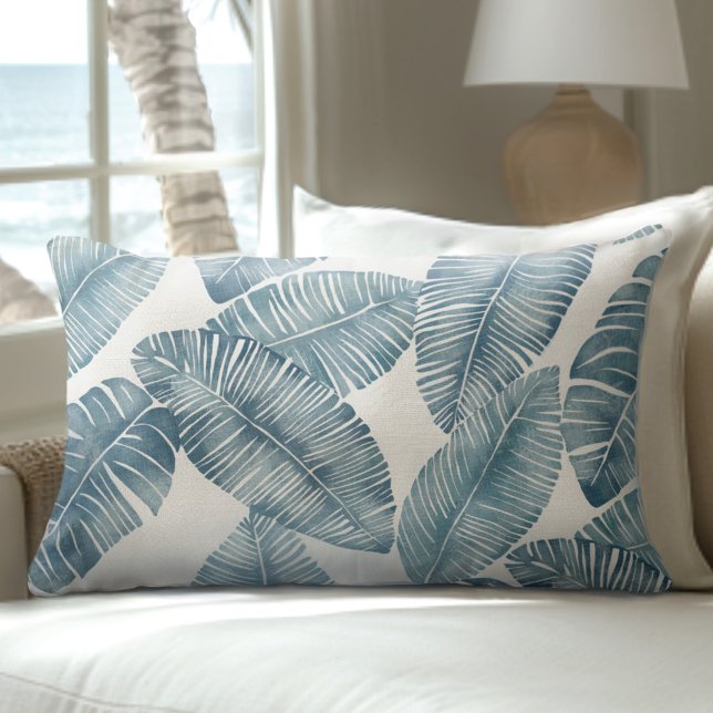 Rectangle Coussin Lumbar en feuille de palme bleu et blanc (Créateur téléchargé)