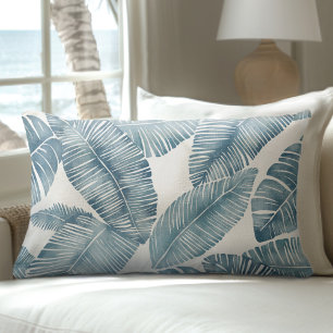 Rectangle Coussin Lumbar en feuille de palme bleu et blanc