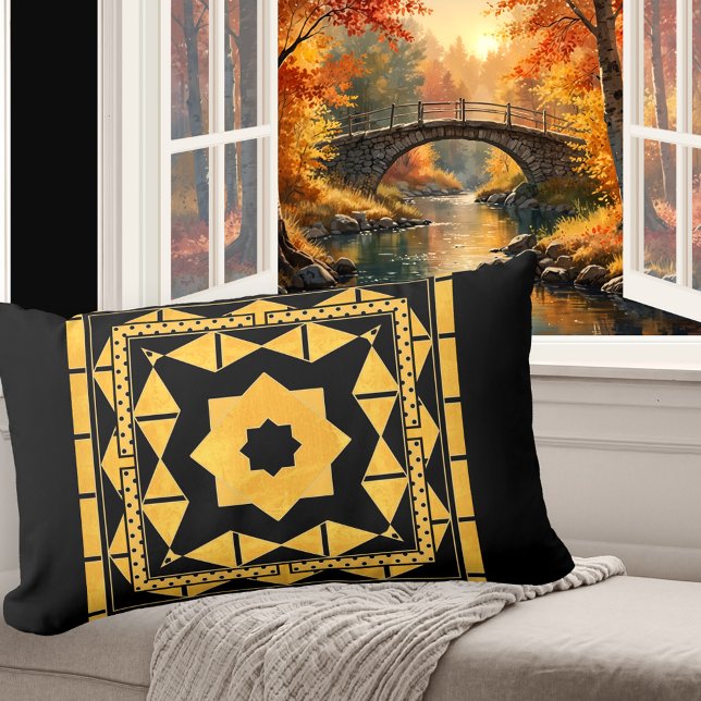 Rectangle Coussin Motif noir Ocher personnalisé (Elegant pillow featuring an art deco inspired abstract design in black and ocher)