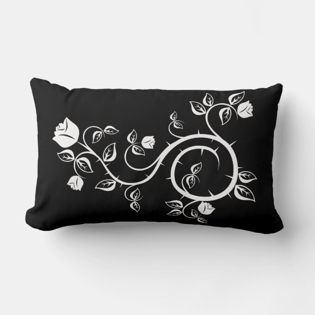 Rectangle Coussin noir avec la conception de rose blanc (Recto)
