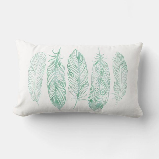 Rectangle Coussin tribal d'impression de plume verte (Recto)