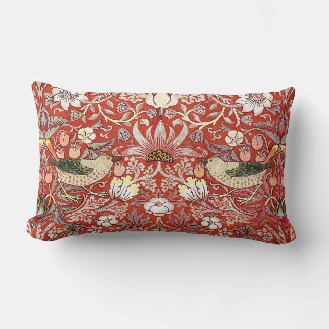 Rectangle Crimson Strawberry Thief Lumbar Coussin (Recto)