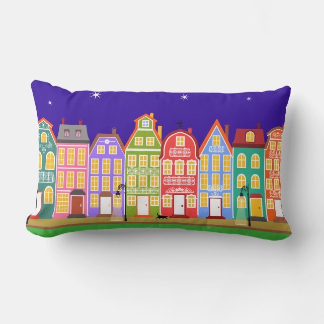 Rectangle Cute Night Town Walking Chat Coussin (Recto)