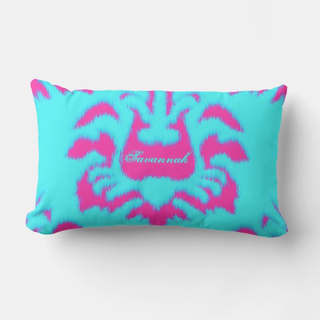 Rectangle Damask Ikat Bright Aqua & Hot Pink Coussin (Recto)