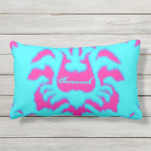 Rectangle Damask Ikat Bright Aqua & Hot Pink Coussin