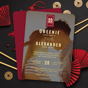 Rectangle Double Happiness Photo Chinese Weddensch Folie Uitnodiging