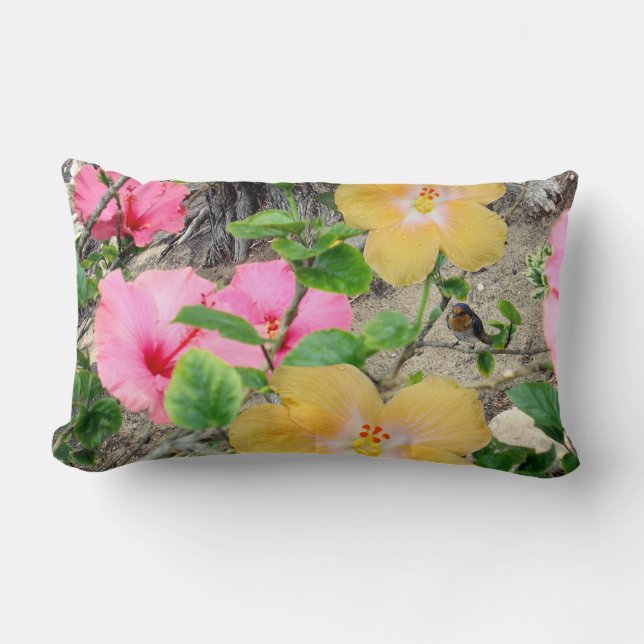 Rectangle Fleur Hibiscus Jaune Et Rose, Coussin Lumbar. (Recto)