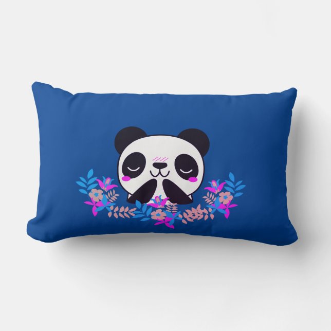 Rectangle Fuchsia & Blue Floral Panda Bear Lumbar Coussin (Recto)