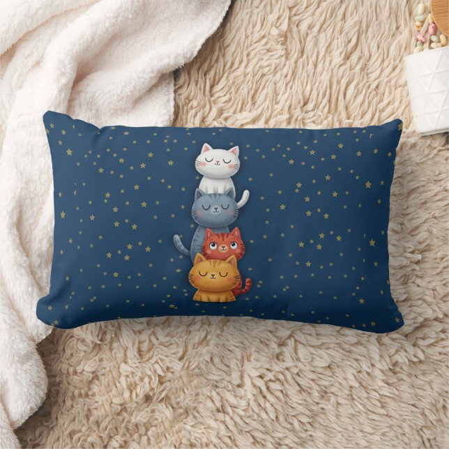 Rectangle Joli Coussin Lombaire à Chatons Empilés 🐱 | Bleu  (Couverture)