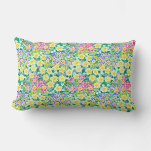 Rectangle Joli rose, Bleu, Primroses Jaunes Coussin Lumbar