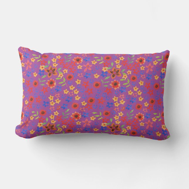 Rectangle Miniprint florale rétro sur Coussin Magenta Lumbar (Recto)
