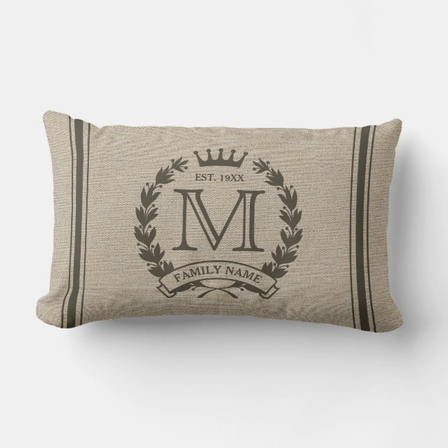 Rectangle Monogramme Famille Logo Burlap Look Lumbar Coussin (Recto)