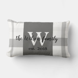 Rectangle monogramme personnalisé coussin gris et blanc plai