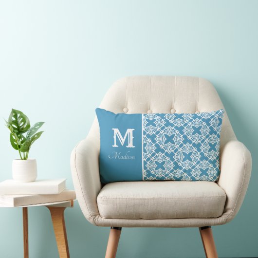 Rectangle Nom du monogramme Coussin Lumbar Turquoise et blan (Chaise)