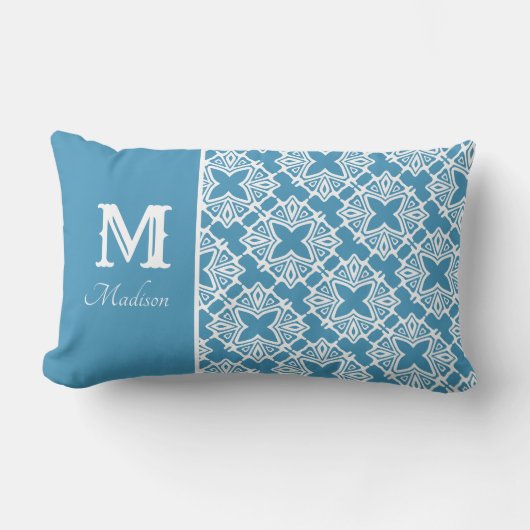 Rectangle Nom du monogramme Coussin Lumbar Turquoise et blan (Recto)