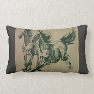 Rectangle Peinture chinoise de coussin oblong de 2 chevaux