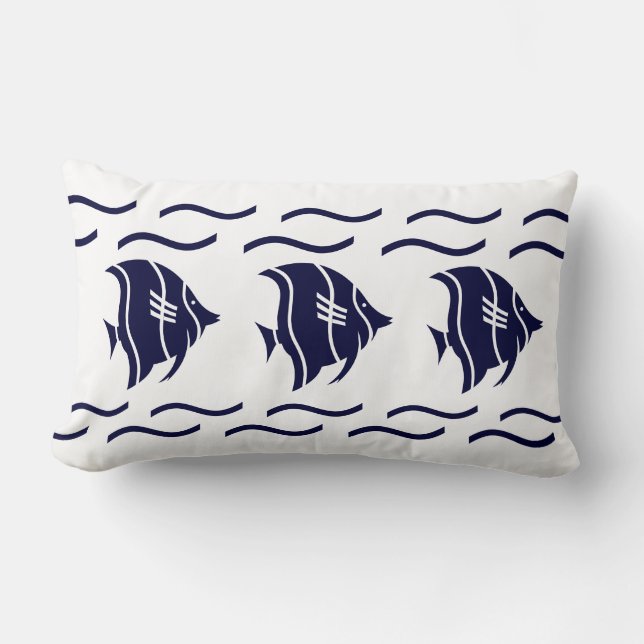 Rectangle poisson bleu marine & vagues sur un COUSSIN blanc (Recto)