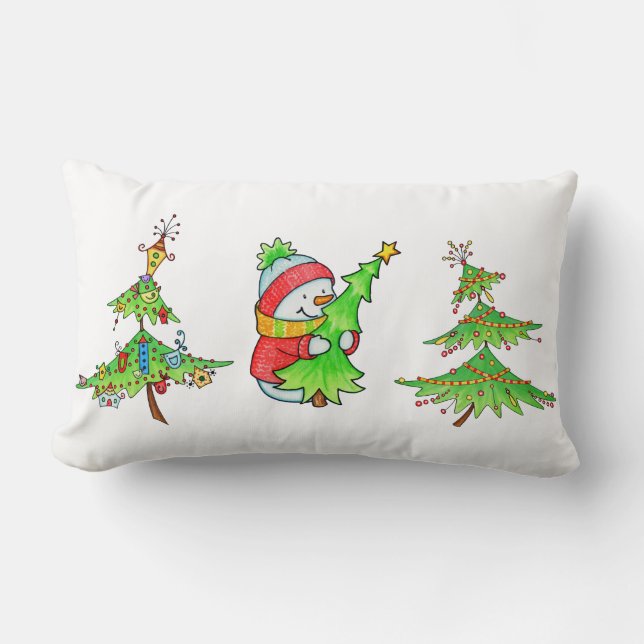 Rectangle Snowman et arbres de Noël Coussin de Noël (Recto)