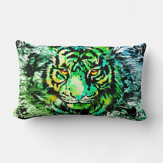 Rectangle Tête de tigre verte | Tiger Dessin Coussin Lumbar (Recto)