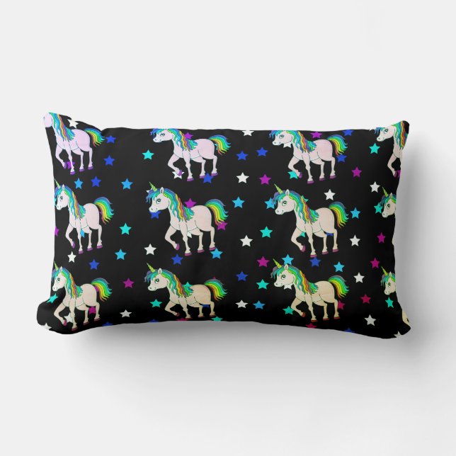 Rectangle Unicornes noires et étoiles Coussin d'impression (Recto)