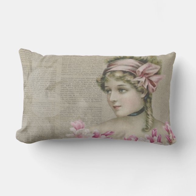 Rectangle Victorian Steampunk Lady Newspaper Lumbar Coussin (Recto)