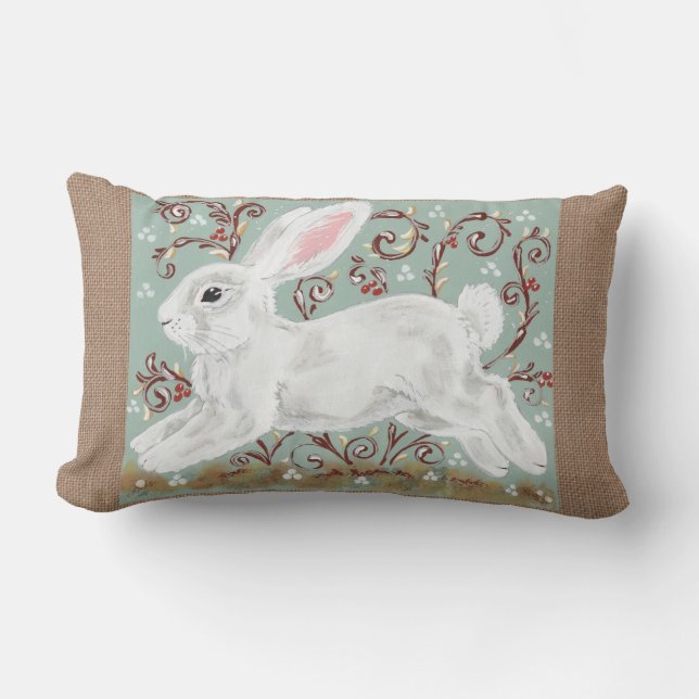 Rectangle Vins de lapin blanc Berries vert, Coussin Burlap (Recto)