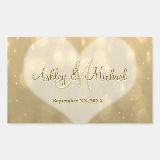 Rectangulaire Gold Bokeh | Sticker Monogram Mariage (Devant)