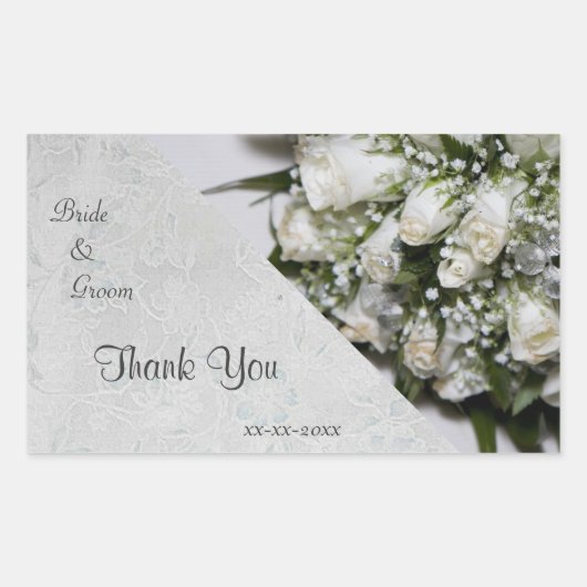 Rectangulaire Sticker Merci Mariage de bouquet de Roses blanches (Devant)