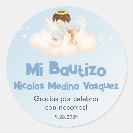 Recuerdos Bautizo Jongen Engel Doop Gunsten Gesche Ronde Sticker (Voorkant)
