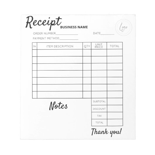 Reçus personnalisés professionnels pour bloc-notes (Devant)