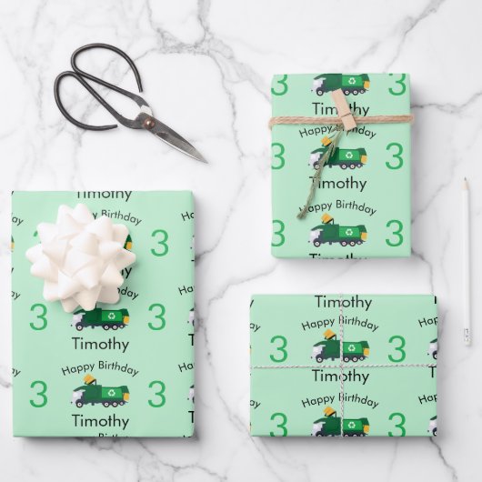 Recycling Garbage Truck Boy's Name & Age Birthday Inpakpapier Vel (Voorkant)