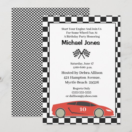 Red 10th Birthday Race Car Invitation (Devant / Derrière)