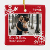 Red 1st Kerstmis Mr. en Mrs Custom Photo Keramisch Ornament (Voorkant)