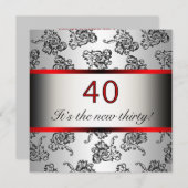 Red 40th Birthday Party Black Damask Invitation (Devant / Derrière)