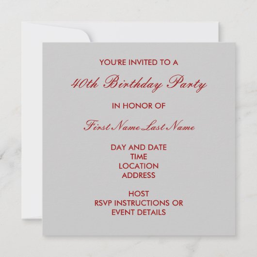 Red 40th Birthday Party Black Damask Invitation (Dos)